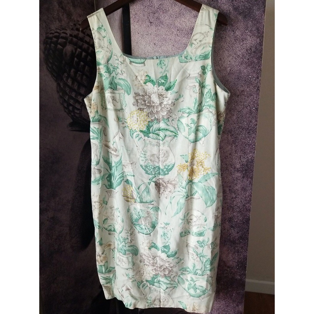 VTG 90s VIRGO‎ Floral Print Beaded Dress Sleeveless Linen Blend Earth Tone sz 14